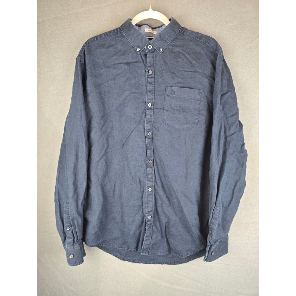 Original Penguin Shirt Mens XL Blue Linen Blend Button Down Casual Preppy